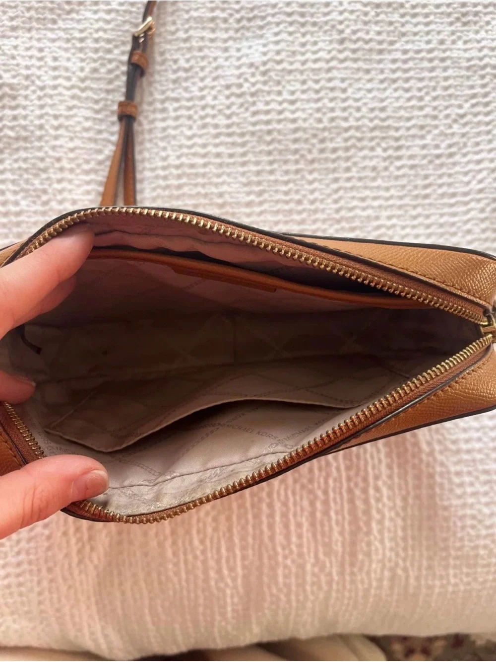 Michael Kors Brown Leather Crossbody Camera Bag with Gold Hardware